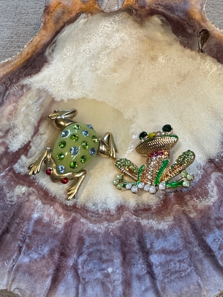 Green Crystal Frog Brooches - Set Of 2
